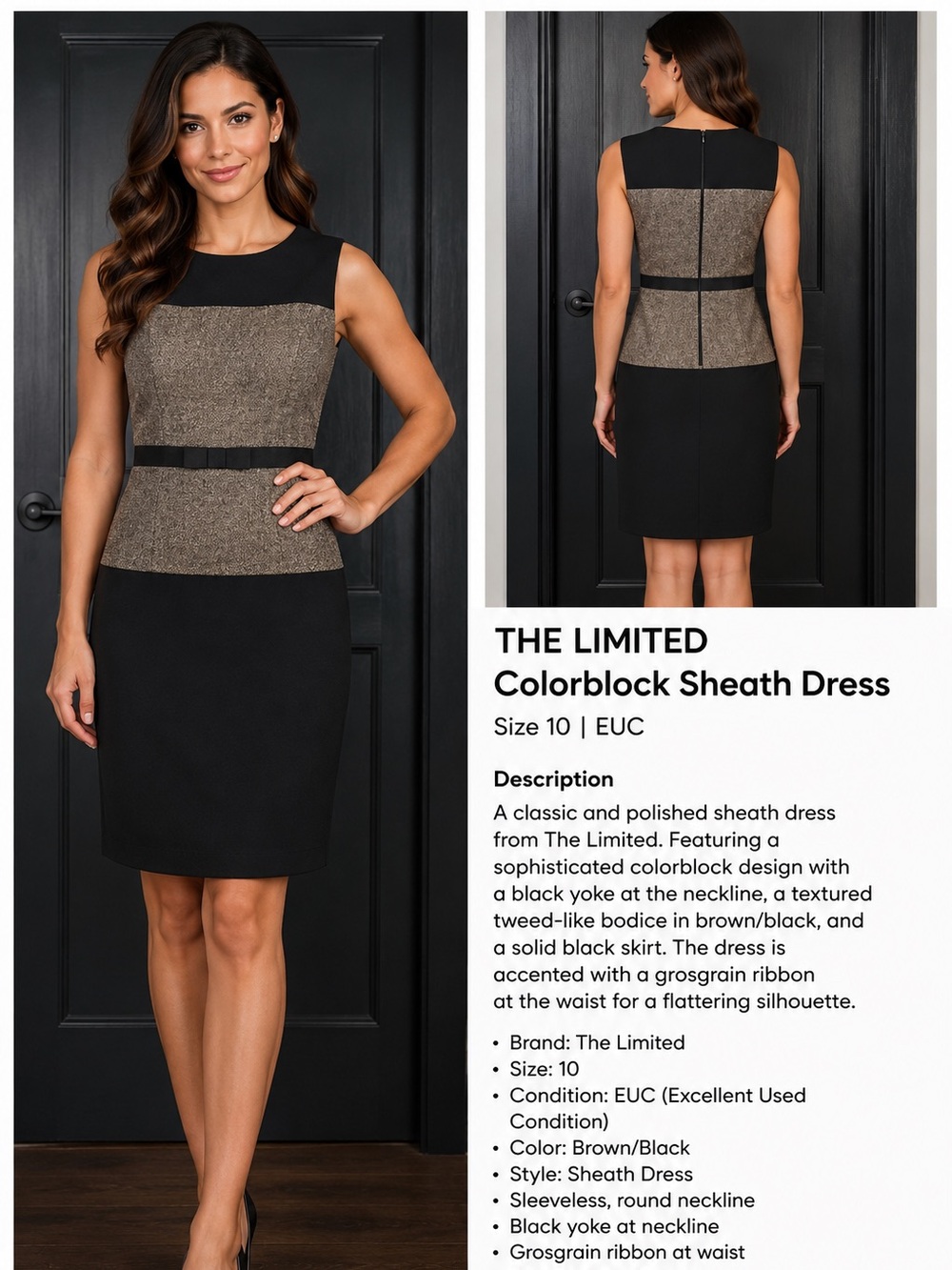 The Limited Colorblock Sheath Dress Size 10 Black & Tweed Bow Detail EUC